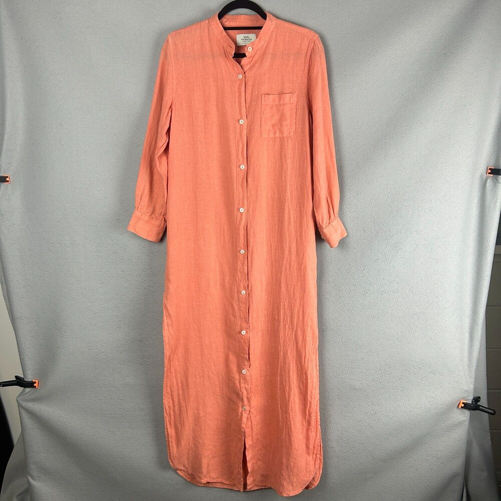 MR MOOD 100% Linen Maxi Shirt Dress S Coral Peach Band Collar Button Front